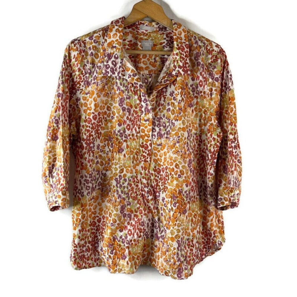 Chico's Womens Non Iron Shirt Top Size XL Multicolored Leopard Stretch Popover